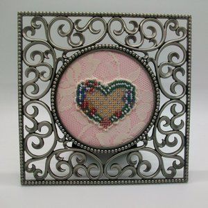 Framed Cross Stitch Beaded Heart on Vintage Lace